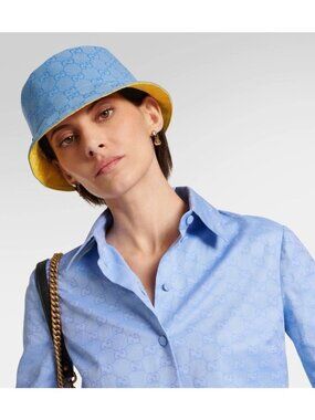 NWT Authentic Gucci Blue Yellow GG Supreme Reversible Bucket Hat 790152 $675 XS